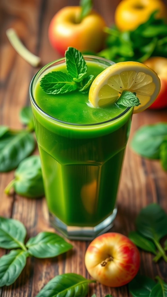 A refreshing glass of spinach juice with lemon and mint on a wooden table, surrounded by fresh spinach and apples.